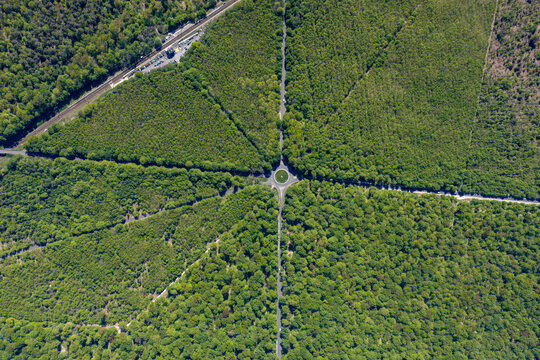 Aerial view of a central roundabout with radiating roads through the dense green woodland of the Forest of Fontainebleau and a nearby railway line Fontainebleau, Ile-de-France, France.