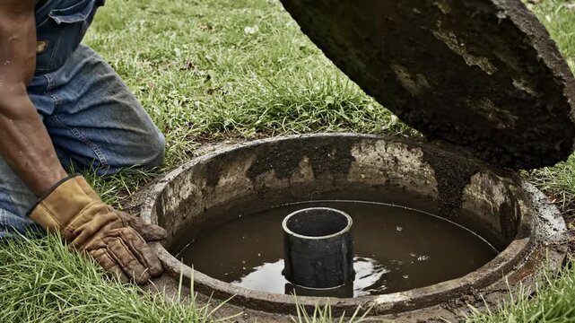 Worker Inspecting Septic Tank Manhole