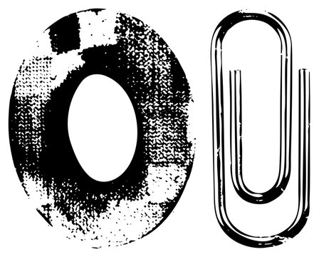 Rugged halftone O with sleek paperclip (aka binder clip/clippy). Gritty texture meets clean ideal for edgy branding or posters.