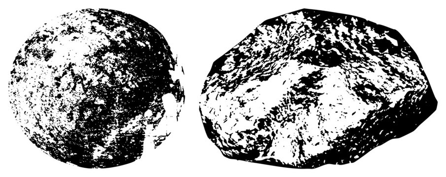 Cosmic space rocks, cratered & gritty, evoking impacts and celestial travel. Isolated vector cutouts, ideal for sci fi or adventure themes with halftone effects.