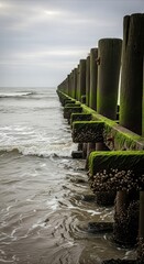 Fototapeta premium Weathered wooden breakwater with algae and barnacles on a cloudy day, leading into the sea