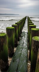 Fototapeta premium Weathered wooden breakwater covered in green algae extends into a calm sea under overcast skies, offering copy space for coastal scenes