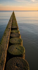 Fototapeta premium Old wooden breakwater leading into calm sea at golden hour, offering tranquility and stability for coastal landscape backgrounds.