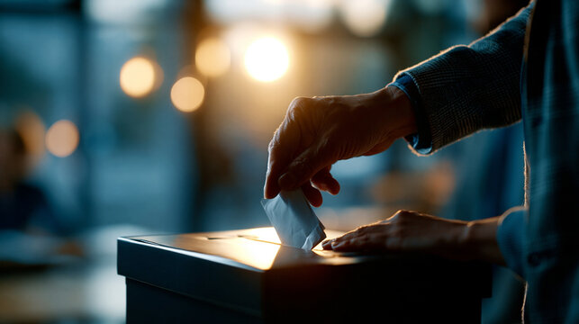 Cinematic side view silhouette of a figure inserting a ballot into a bright softly defocused voting box at a polling place election day voter moment faceless silhouette bright