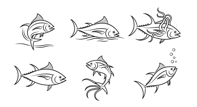 Hand-drawn tuna fish set in various poses and swimming styles