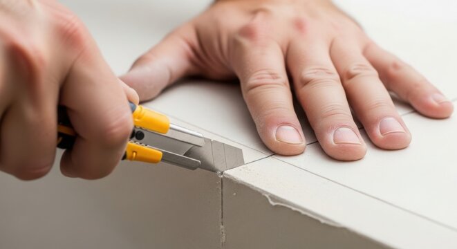 Hand cutting material with utility knife for repair project, focused on precise action of cutting. Repair task involves careful handling of tools and materials for achieving clean edges.