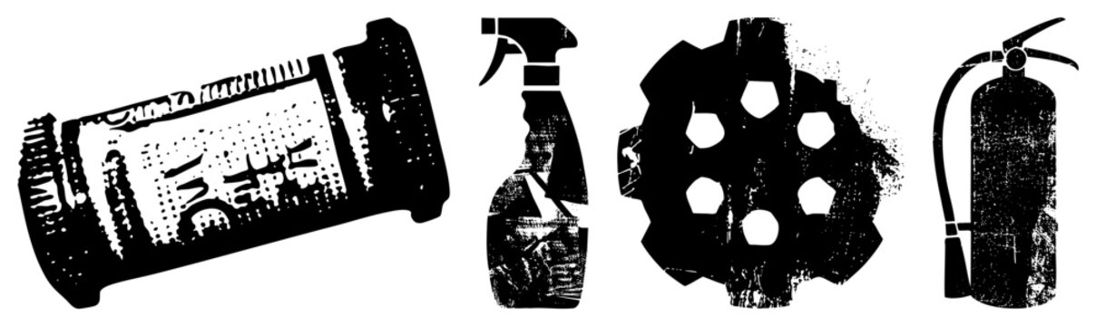 Gritty halftone silhouettes of emergency gear fire bottle, spray can, cogwheel, aerosol tin for bold branding or industrial decor. Stenciled cutouts evoke urban utility with vintage pun