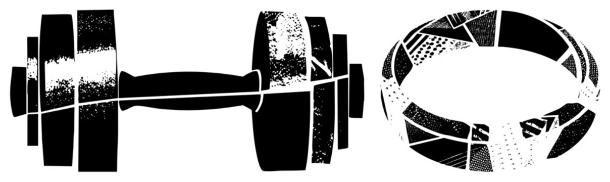 Heavy iron dumbbell with textured plates nicknamed &ldquo;skid lid&rdquo; or &ldquo;brain bucket&rdquo; by gym rats paired with shattered plate. Rendered in gritty halftone stencil style. Ideal for muscle building brandi