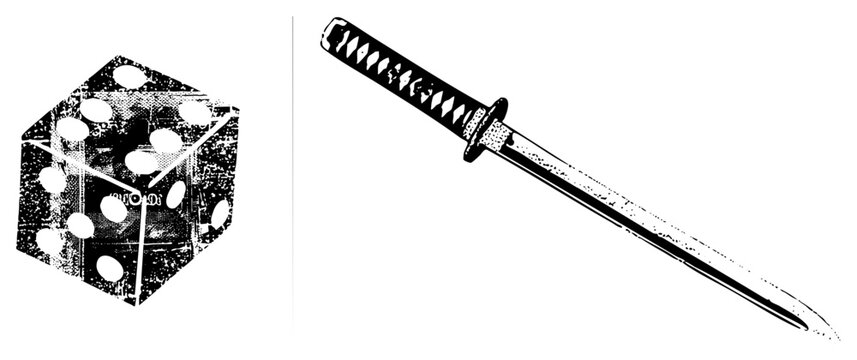Katana blade & six sided die in bold halftone ninja steel meets gambling luck. Edgy designs where risk & precision collide, chokutō or lucky roll.