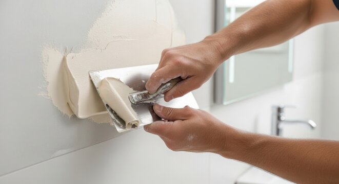 Repair work with hands applying plaster on wall using spatula and tools. Repairing interior wall includes filling cracks and smoothing surface for painting.