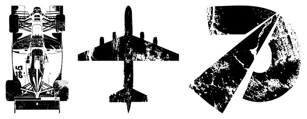 Fototapeta premium car, jet plane, numeral 7 in gritty stencil style “hot rod,” “bird.” Cutout glyphs with halftone & ink splatter decay, blending retro rebellion for edgy branding or streetwear.