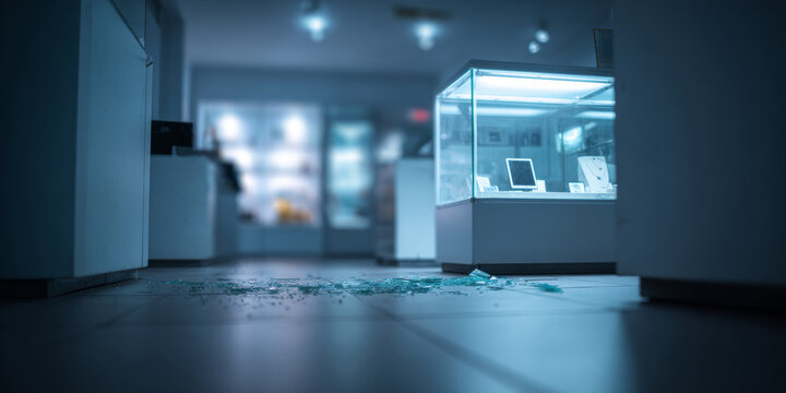 Broken glass on jewelry store floor