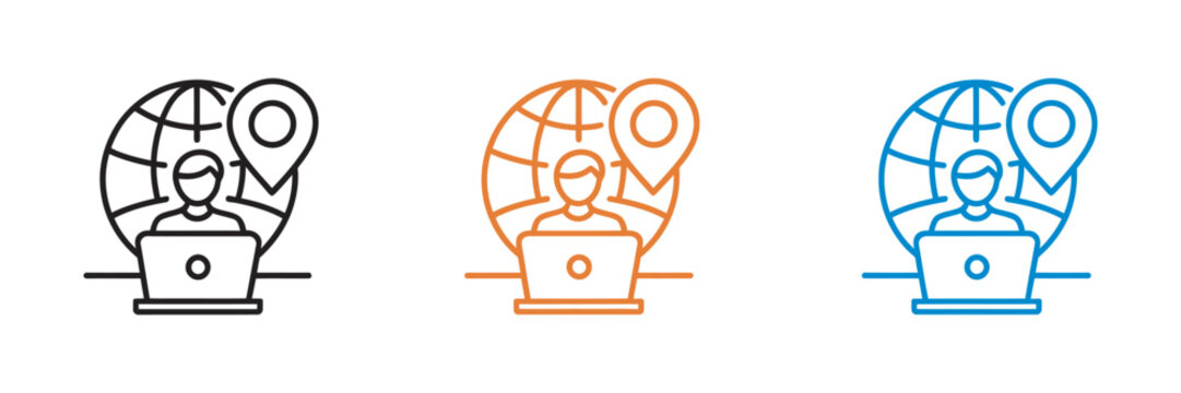 Global Remote Work Icon, vector illustration of person with laptop globe and location pin for freelancing digital nomad concept design