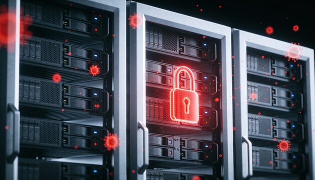 Minimalist 3D render of a server rack with a pulsing red warning padlock signaling a breach attempt, floating crimson threat particles scattering, dark dramatic futuristic background, vibrant digital 