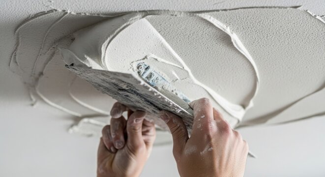 Skilled hands repairing ceiling with plaster, applying fresh material on damaged surface. Plastering process involves shaping and smoothing to restore ceiling integrity.
