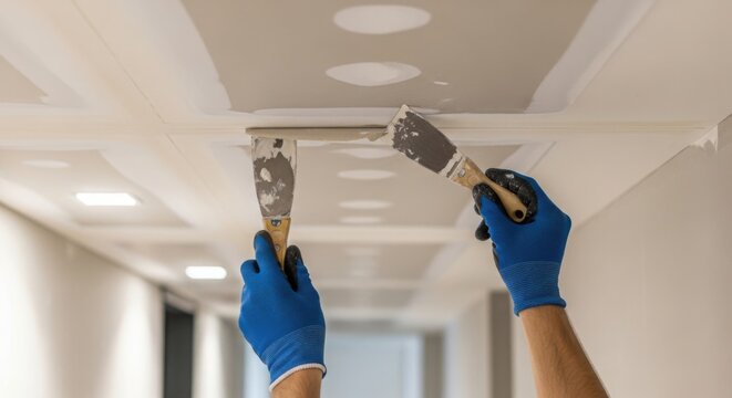 Hands applying plaster to ceiling with trowels for repair. Workers using trowels for ceiling repair on drywall with smooth finish. Concept repair work for home improvement projects.