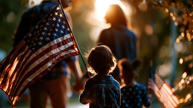 Cinematic back view silhouette of a family with two small child figures holding a softly waving american flag in a bright sunlit park outdoors patriotic holiday american family