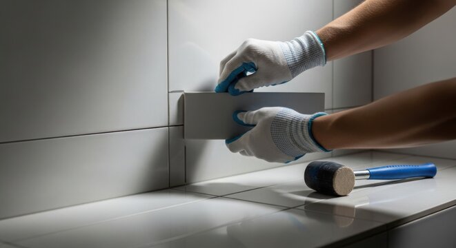 Tiling repairs with hands applying tile adhesive and placing ceramic tiles using a mallet. Tiling process includes careful tile alignment and usage of tools like spacers for precise fitting.