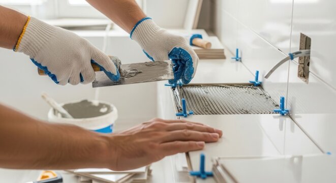 Professional tile installation with tools and materials for bathroom renovation project. Worker uses trowel and adhesive for tiles while preparing surface in modern home improvement setting.