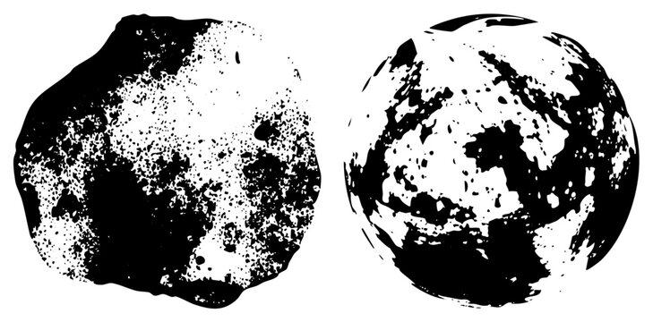 Halftone celestial cutouts with gritty texture moon rock, space orbs. Ideal for sci fi branding or vintage cosmic posters using slang like &ldquo;luna&rdquo; and &ldquo;star ball.&rdquo;