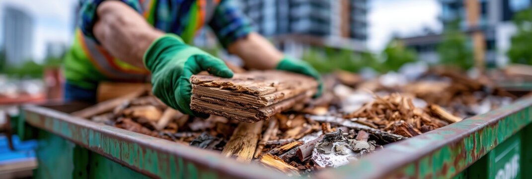 Construction worker loading broken wooden boards into green dumpster at urban building site