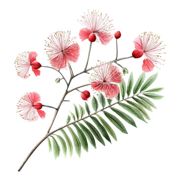 Calliandra Branch, watercolor vector portraying a joyful pose with colorful highlights, isolated on a white background.