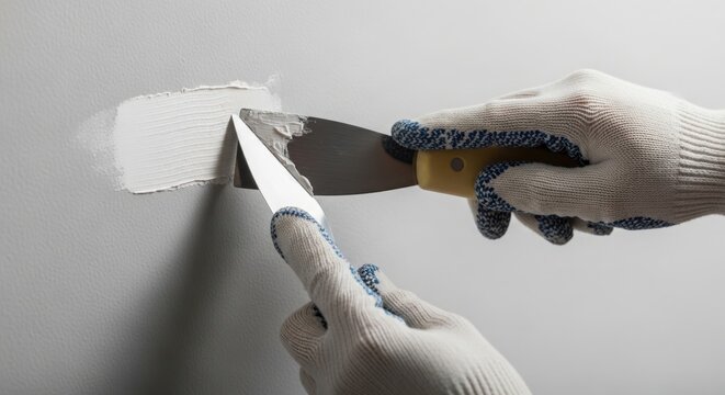Repairing wall with drywall putty applied using spatula in gloves for a smooth finish. Repair process includes prepping surface with care, ensuring even coating for durability and aesthetics.