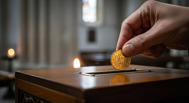 Hand dropping gold coin into church donation box, offering warmth and spiritual reflection, close-up cinematic shot