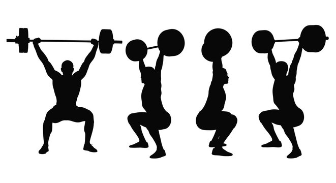 weightlifter silhouettes performing clean and jerk lifts on white background