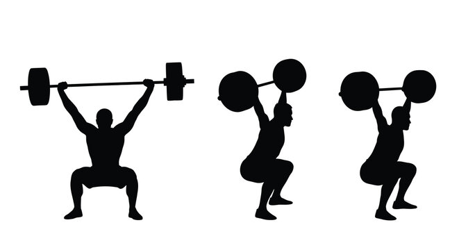 weightlifter silhouettes lifting barbell in three stages isolated on white