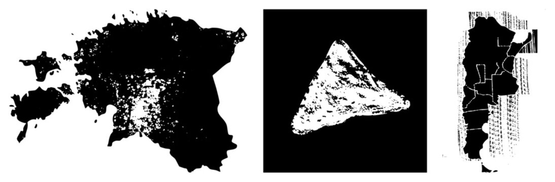 Raw edged map cutouts in gritty, abstract country shapes like &ldquo;skid lid&rdquo; borders and &ldquo;brain bucket&rdquo; regions. Stark silhouettes evoke urban decay with halftone grain and stencil roughness