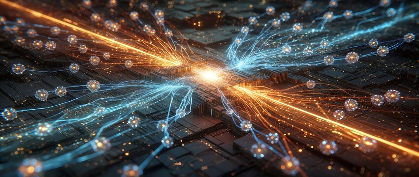 Futuristic energy flow and digital data transmission with glowing particles