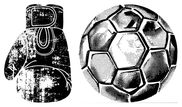 Weathered boxing mitt (skid lid/brain bucket) classic dot matrix football. Evokes gritty competition, retro street culture ideal for edgy branding or urban apparel.