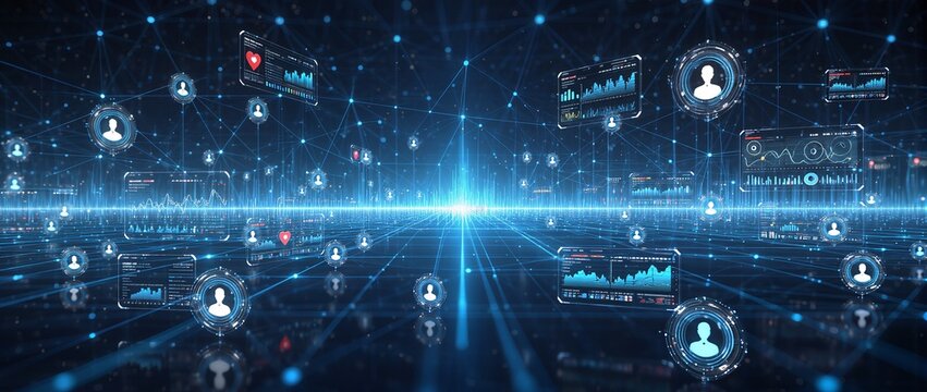Futuristic digital network connection with holographic interface elements
