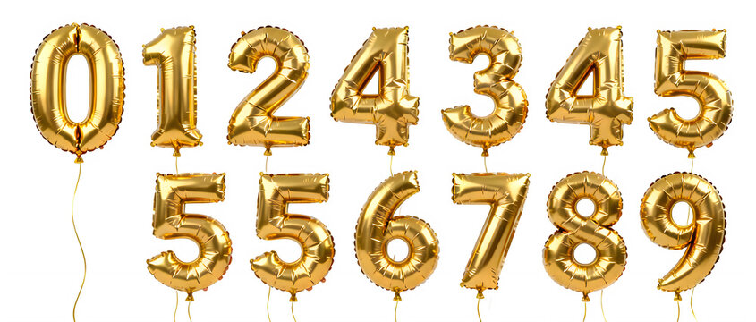 Golden foil balloon numbers set from zero to nine, metallic gold numeric balloons for birthday party, shiny helium balloon collection for anniversary isolated on White Background