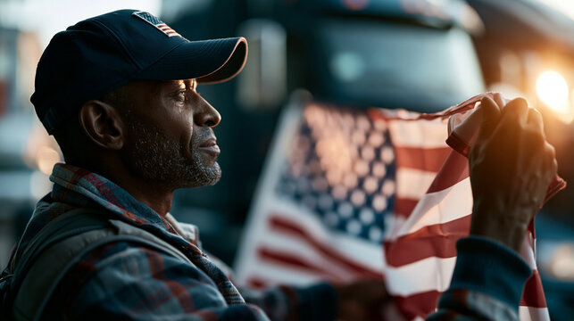 Cinematic side view silhouette of a figure in a cap holding a softly waving american flag near a bright softly defocused truck cab in soft daylight truck driver american flag