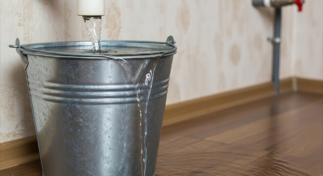 Galvanized bucket catching dripping water from a leaky pipe in a home, highlighting plumbing issues and repair needs