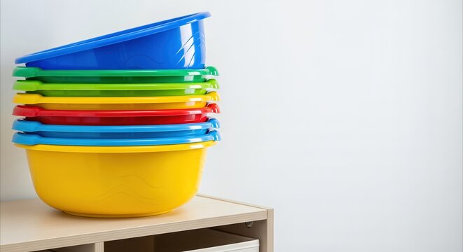 Stack of colorful plastic basins neatly organized on a modern storage shelf, promoting household tidiness and vibrant home decor.