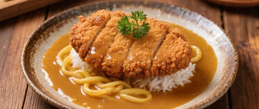 Crispy fried breaded cutlet served with white rice and thick sauce on plate