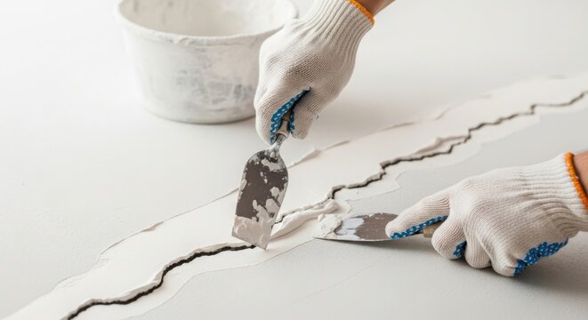 Repair work with hands applying filler to wall crack using spatula and trowel. Repair process includes smoothing cracked surfaces with tools for seamless finish. Concept repair and home improvement.