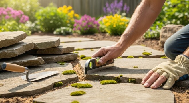 Landscaping project with stone patio and hand tools for outdoor renovation. Skilled gardener meticulously levels stones using a spirit level while laying slabs amid colorful flowers and green plants.