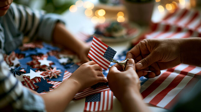 Top down overhead view of small and adult hands gently cutting paper flag decorations on a bright softly defocused home table with a glowing american flag spread beside patriotic