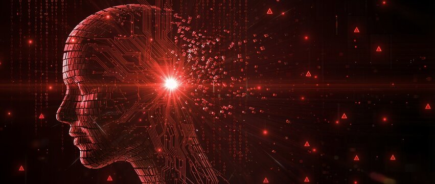 Digital human head with glowing brain and scattered data particles