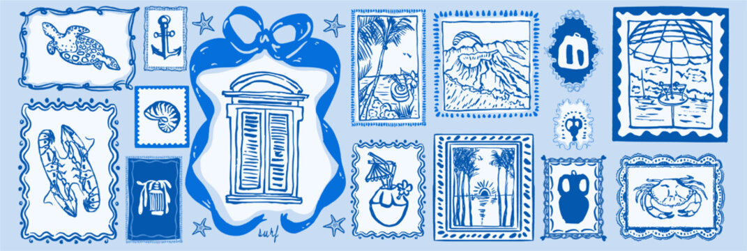 Marine life and coast stamps in doodle sketch blue ink style. Ocean summer postal elements with lettering for postcard prints. Sea vector illustrations for mail, letters and sticker set.