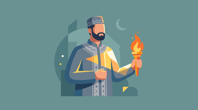 Man holding torch and book illustration.
