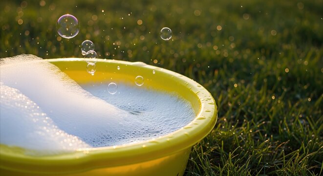 Yellow basin with soapy water and floating bubbles on lush green grass during golden hour, evoking childhood joy and carefree outdoor play.
