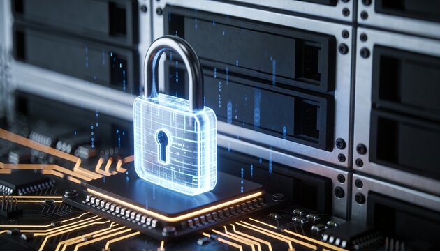Extreme close-up minimalist 3D render of a glowing padlock mounted on a server panel surface, intricate micro circuit detail beneath, floating fine data particles, dark futuristic background, vibrant 