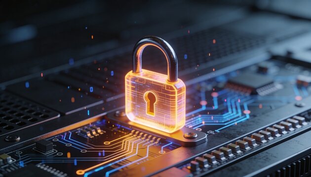 Extreme close-up minimalist 3D render of a glowing padlock mounted on a server panel surface, intricate micro circuit detail beneath, floating fine data particles, dark futuristic background, vibrant 