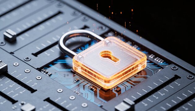 Extreme close-up minimalist 3D render of a glowing padlock mounted on a server panel surface, intricate micro circuit detail beneath, floating fine data particles, dark futuristic background, vibrant 