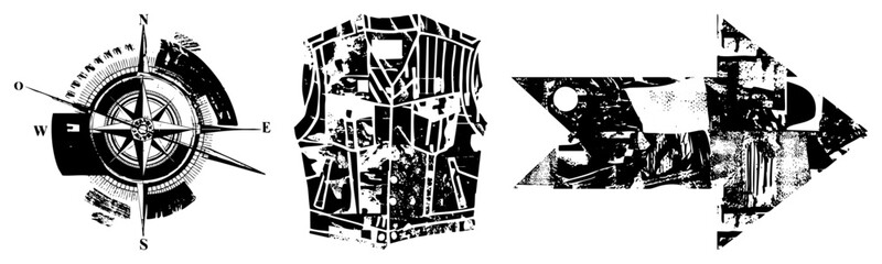 Fototapeta premium Rugged compass & arrow in distressed stencil style ideal for adventure maps or urban branding. Call it a skid lid or brain bucket if you’re into street slang. Gritty vector set adds raw energy to an